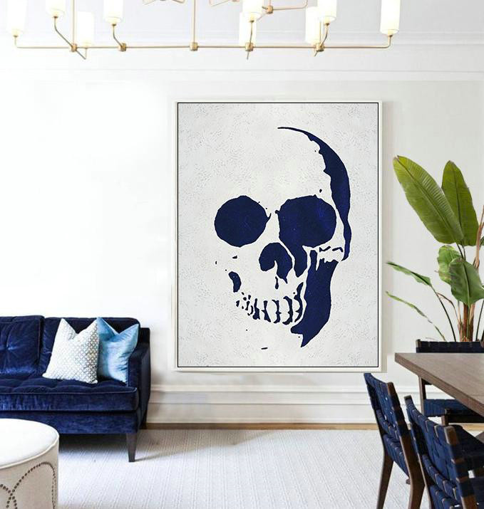 Handmade Large Painting,Buy Hand Painted Navy Blue Abstract Painting Skull Art Online,Huge Abstract Canvas Art